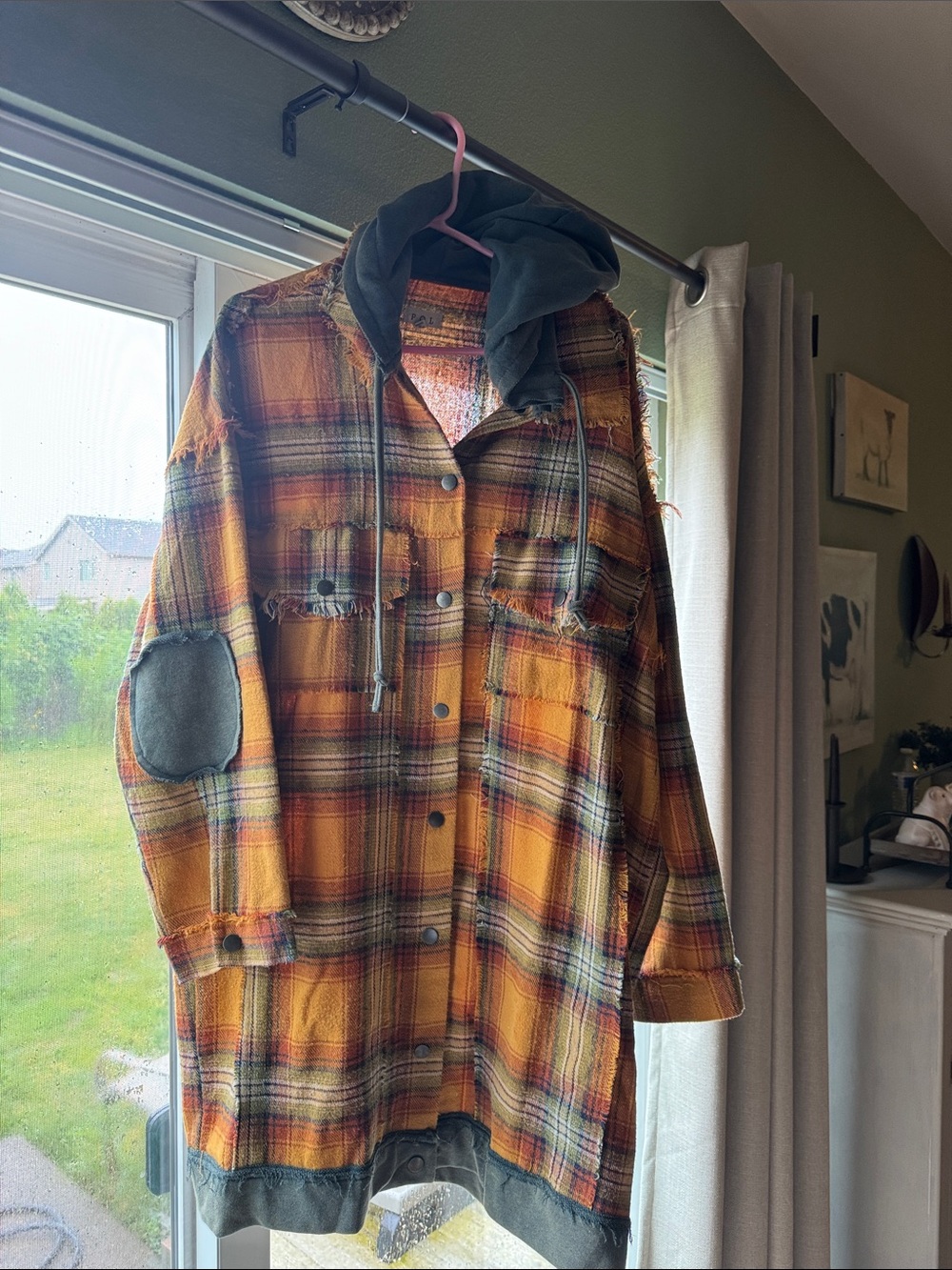 POL Rust Orange Plaid Hooded Shacket with Elbow Patch. Snap button closure!